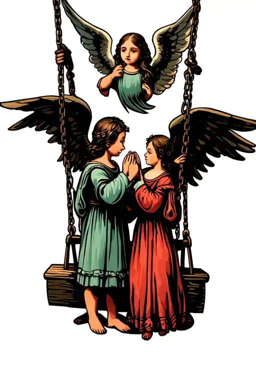 Son And Daughter Hold The Hands And Above Them An Angel On A Swing