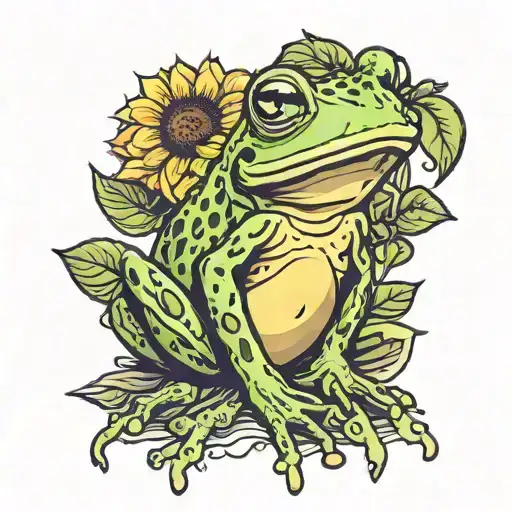 Cute Kawaii Frog Sitting In Front Of A Large Single Sunflower