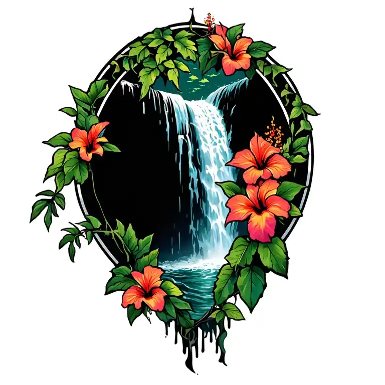 Hawaiin Waterfall With Hibiscus Vine