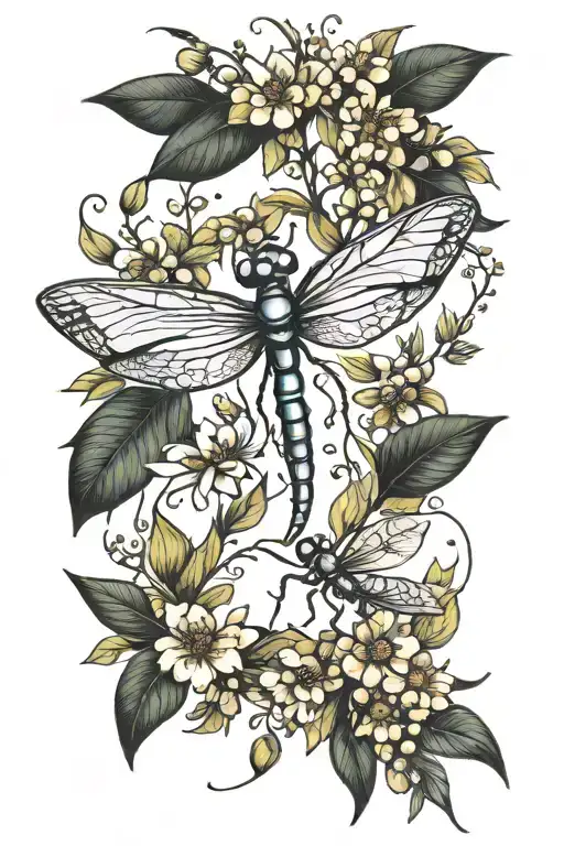 Dragonfly And Firefly And Olive Branch Surrounded