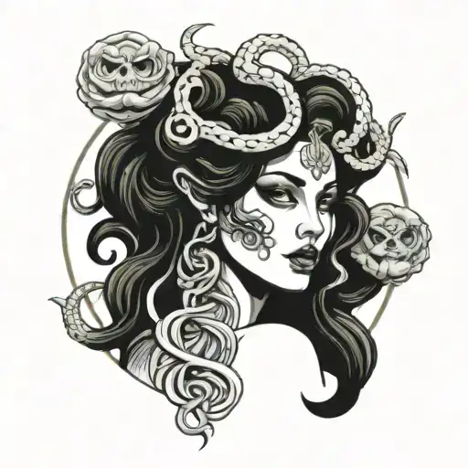 Pretty Woman In White Clothes With The Head Of The Goddess Medusa