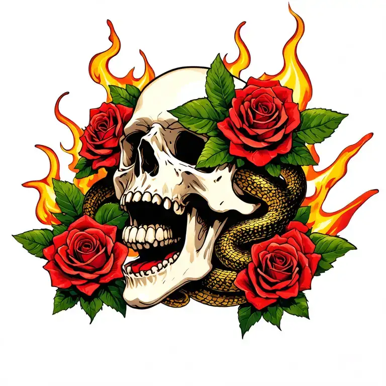 Skull With Roses From Open Mouth Surrounded Leaves And Flames And Snake Around All This