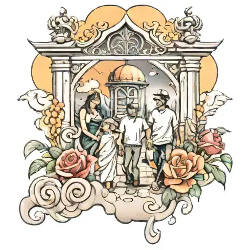 Family Going Towards Heaven Gates