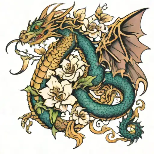 Dragon And Flowers Intertwined