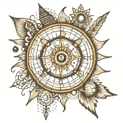 Tattoo Template With Solar System In Clock With Compass Needles And Mandala Shapes In Between