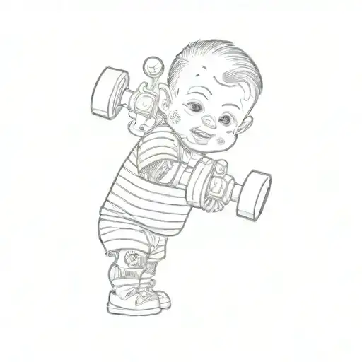 A Baby Wearing A Striped T-shirt And Holding A Pair Of Dumbbells