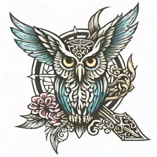 Tattoo Combining The Cross With Athena's Owl And Poseidon's Trident