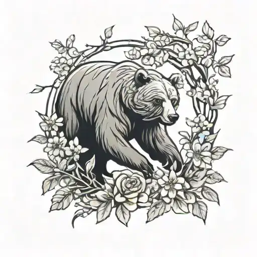 Bear In Trees And Flowers Realistic