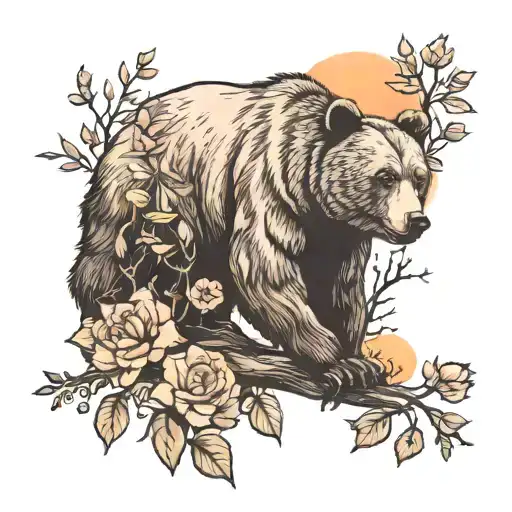 Bear In Trees And Flowers Realistic At Sunset