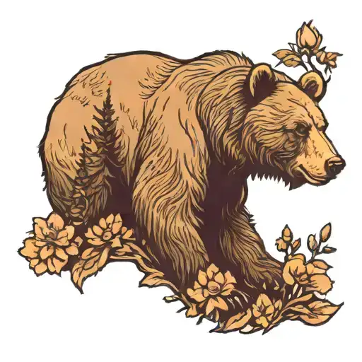 Bear On Background Trees And Flowers Realistic At Sunset