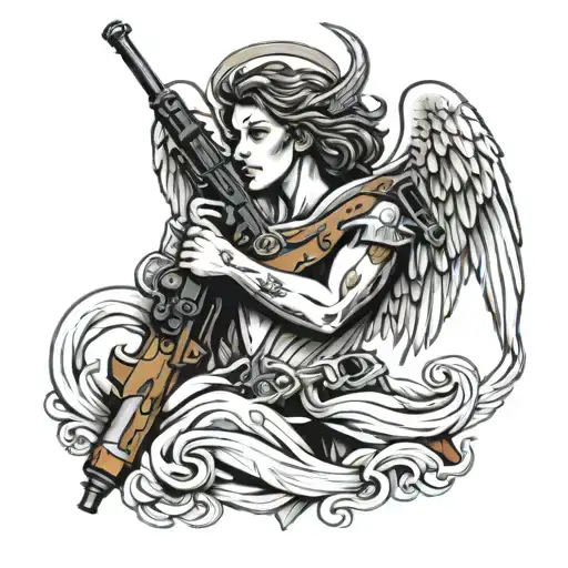 Angel With Neck Tattoos Holding Shield And Gun Intertwined