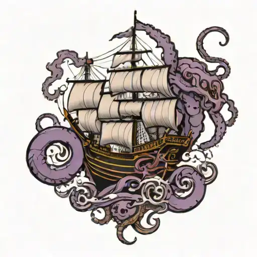 A Purple And Balck Kraken On A Ship