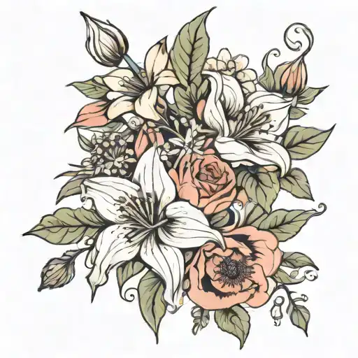 Flower Bouquet Fine Line Lily Rose Poppy