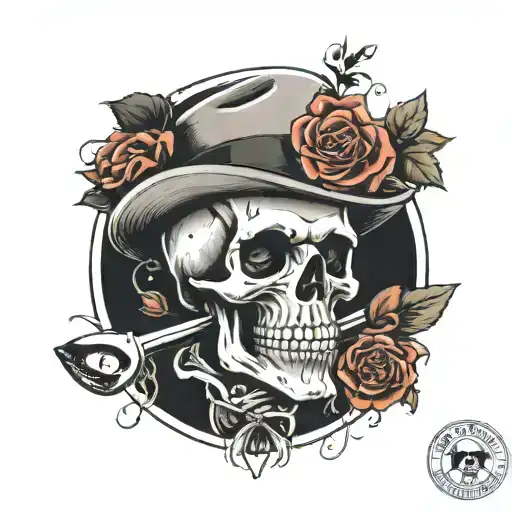 Skull In Porkpie Hat Inside Circle Of Roses In Front Of A Pick And Shovel Criss Cross
