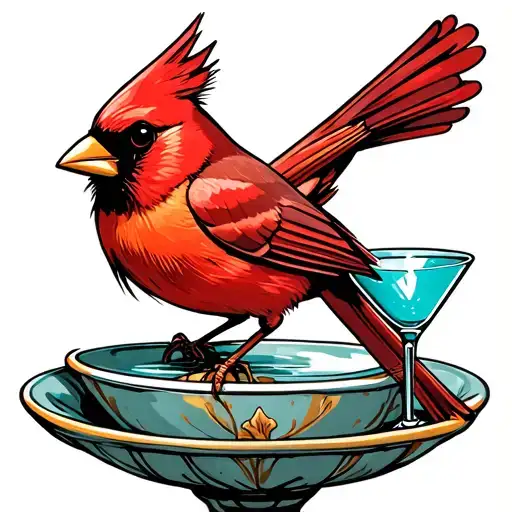 Cardinal In A Bird Bath That Is A Martini Glass
