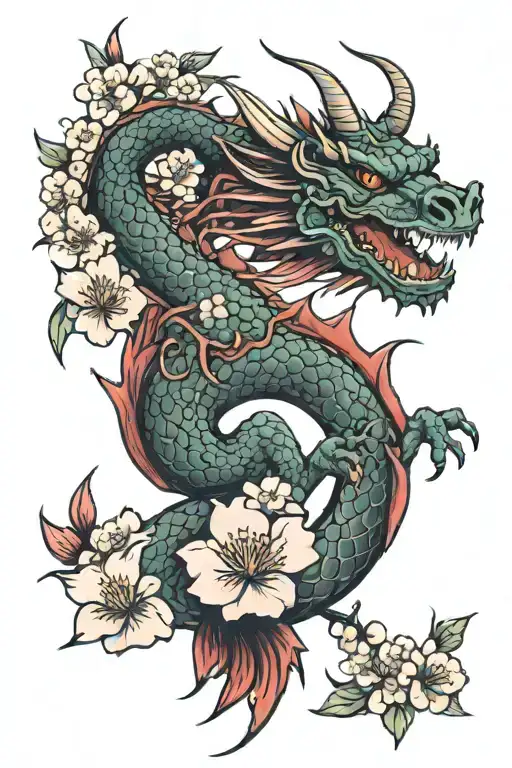 Red Dragon And Cherry Blossom Flowers