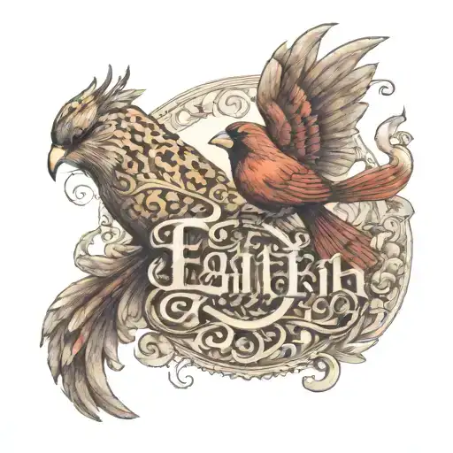 A Cardinal Flying Spelling Out The Word Faith With Leopord Print Lettering