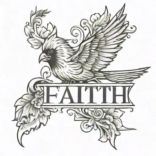 A Cardinal Flying Spelling Out The Word Faith Written