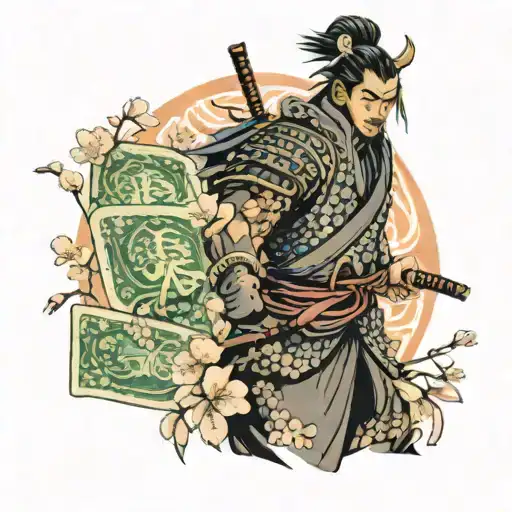 Samurai Warrior Holding A Stack Of Yen Bills With Cherry Blossoms In The Background