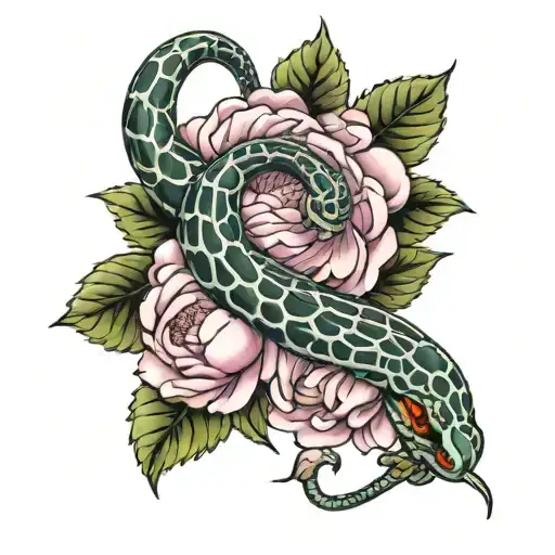 Female Hand With Pink Peonies And Garter Snake Intertwined