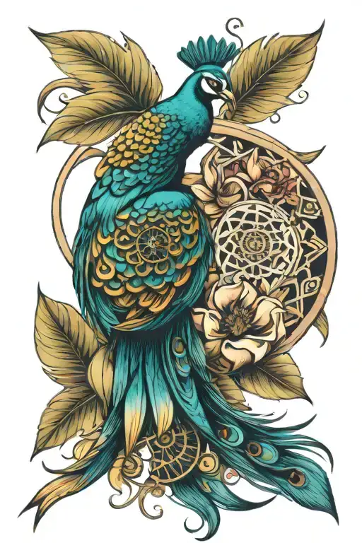 Magnolia Flower With Peacock And Dream Catcher Entangled In A Beautiful