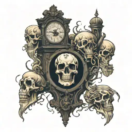 A Skull Melting Into A Grandfather Clock Surrounded By Skeletons Stuck In Purgatory