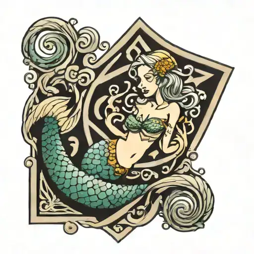 Coiled Mermaid Inside Rhombus Shaped Frame