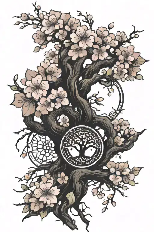 Cherry Blossom And Tree Of Life Intertwined