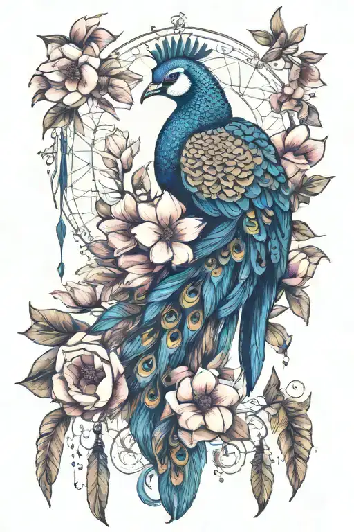 Magnolia Flower With Peacock And Dreamcatcher Hanging