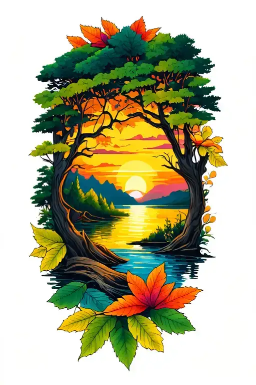 Body Calendar Surrounded In Leaves And Trees Colors Sunset