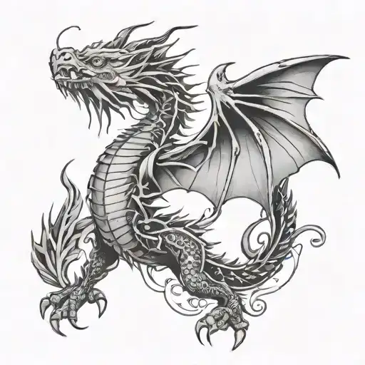 Fine Line Black Work Dragon With Wings