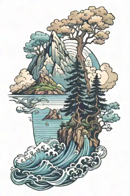 Ocean And Mountain Scene With Trees