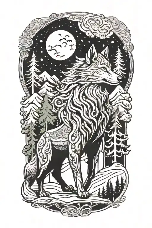 Fenrir Viking Norse Wolf With Alpine Trees