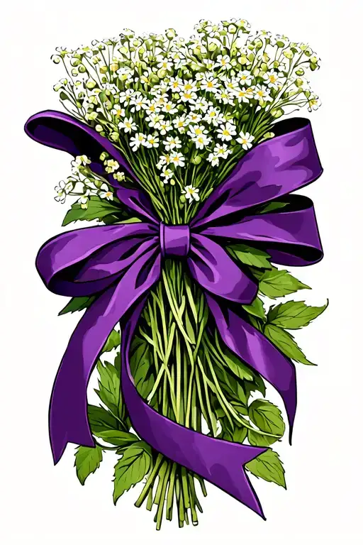 Baby's Breath Wrapped In A Purple Ribbon