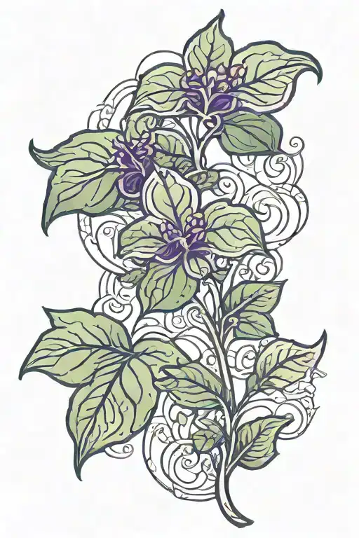 Art Nouveau Basil Plant Growing In Green And Purple