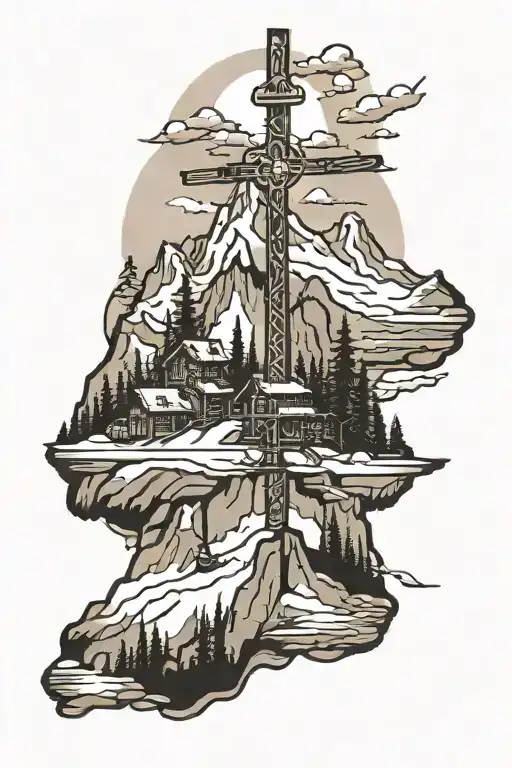 A Mountain With A Cross With Ski Lifts And Golf Course