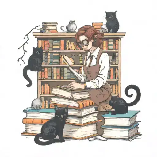 A Spooky Halloween Scene With A Librarian Surrounded By Books And Black Cats