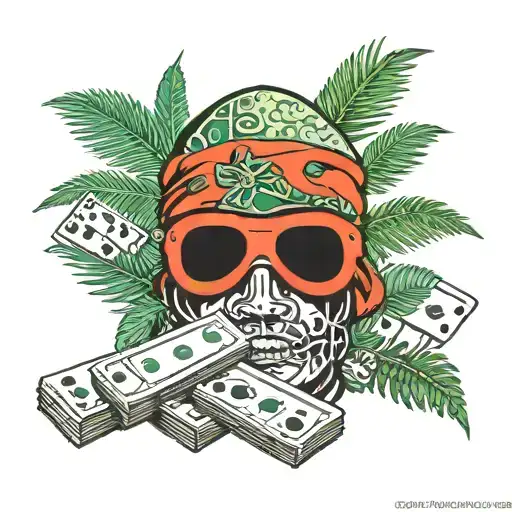 Head With Balaclava Palm Trees In Background Money Rolls Cards And Dice