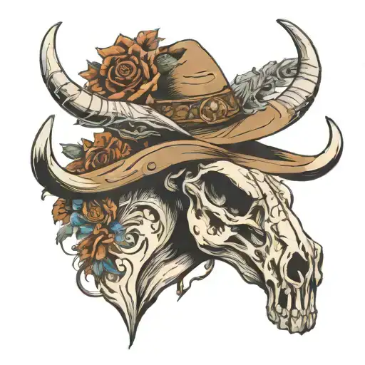 Bull Skull With Cowboy Hate Hanging Off