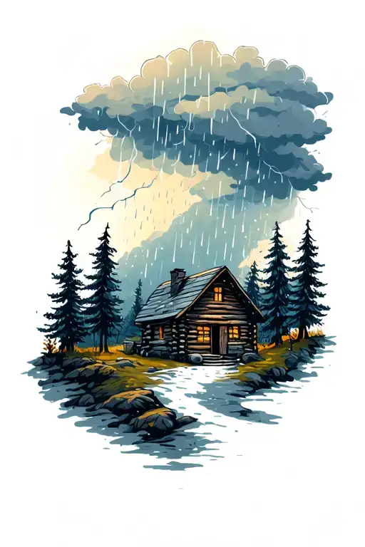 Hygge Painting Of Ladscape With Thunderstorm And Heavy Rain With Trees And Woodcabin