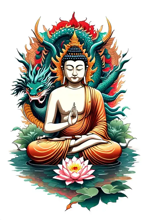 Thailand Buddha Inner Peace With A Dragon And Lotuses As The Background