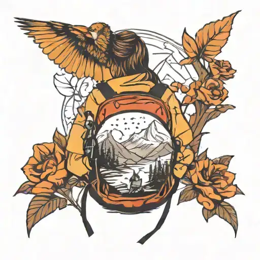 Create A Tattos In Which A Girl With Backpack Watching A Mountain