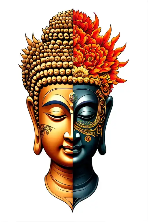 360 Degrees Tattoo Half Buddha Face And Other Half Buddha Face In Oni Mask