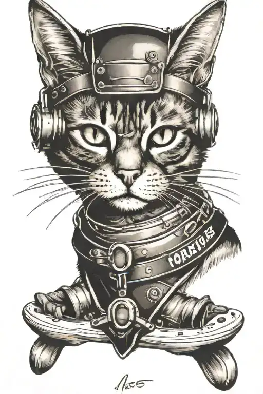 A Black And Grey Portrait Of A Cat Wearing Wakeboarding Gear