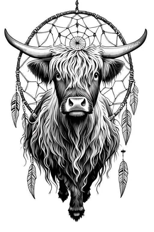 Highland Cow And Dream Catcher Entangled