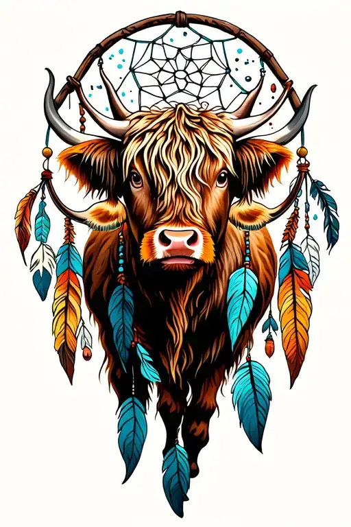 Highland Cow And Dream Catcher Entangled
