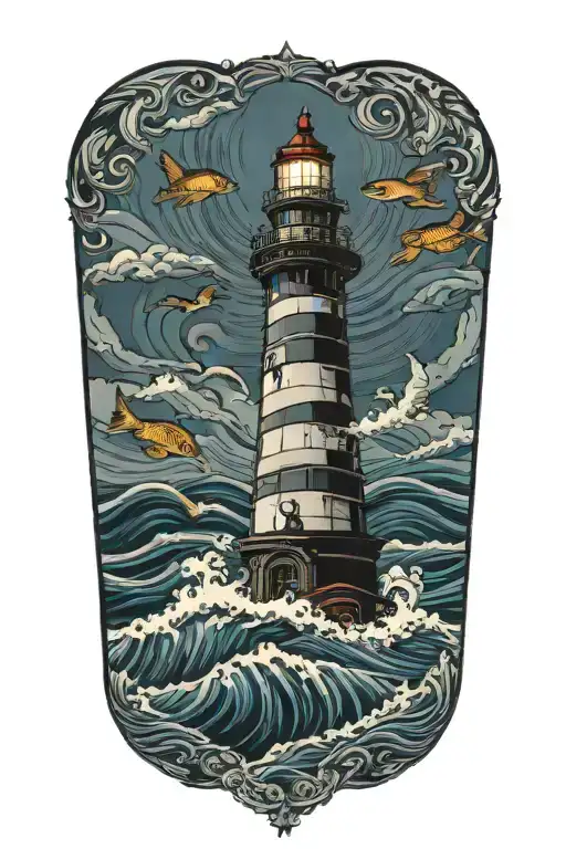 Lighthouse Surrounded Waves Flowing And Fishes Swimming