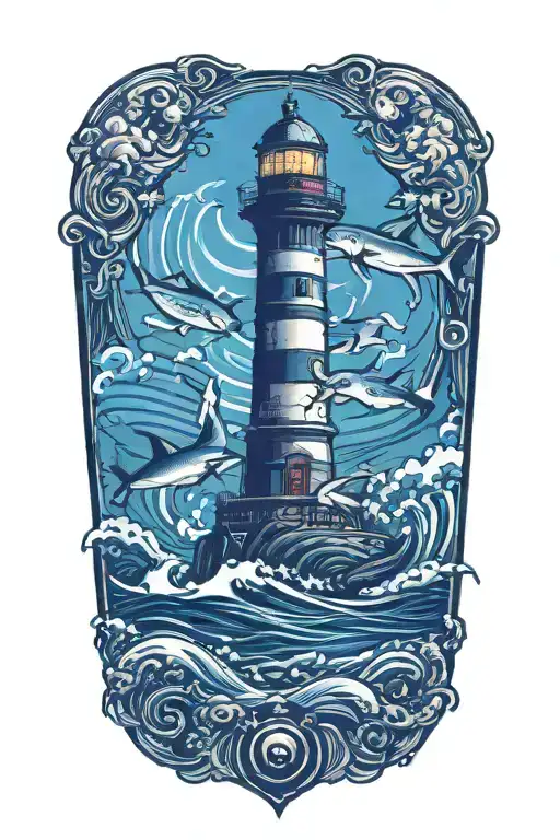 Lighthouse Surrounded Waves Flowing And Sharks Swordfishes Around