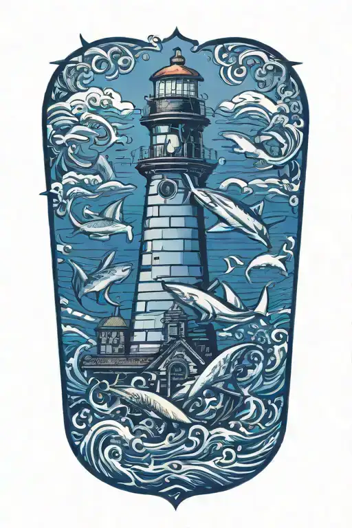 Lighthouse Surrounded Waves Flowing And Sharks Swordfish Octopus Gathering Around