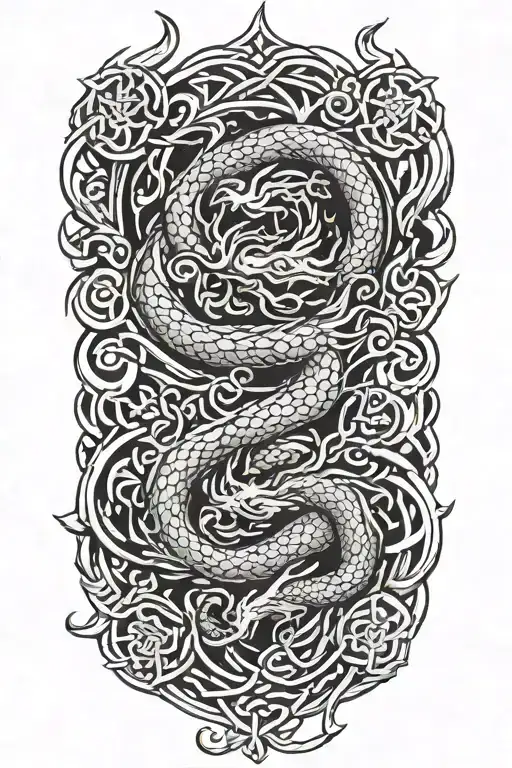 Dragon Around Fire And Waves Flowing With Sakura And Lotus And Celtic Knots